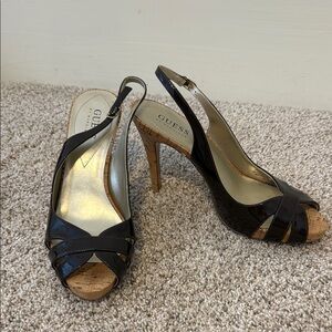 GUESS Brown Peep Toe Slingback Heels
